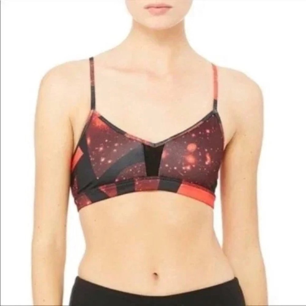ALO Goddess Sports Yoga Bra | Strappy Back Red Black Galaxy Print Sexy Gym wear